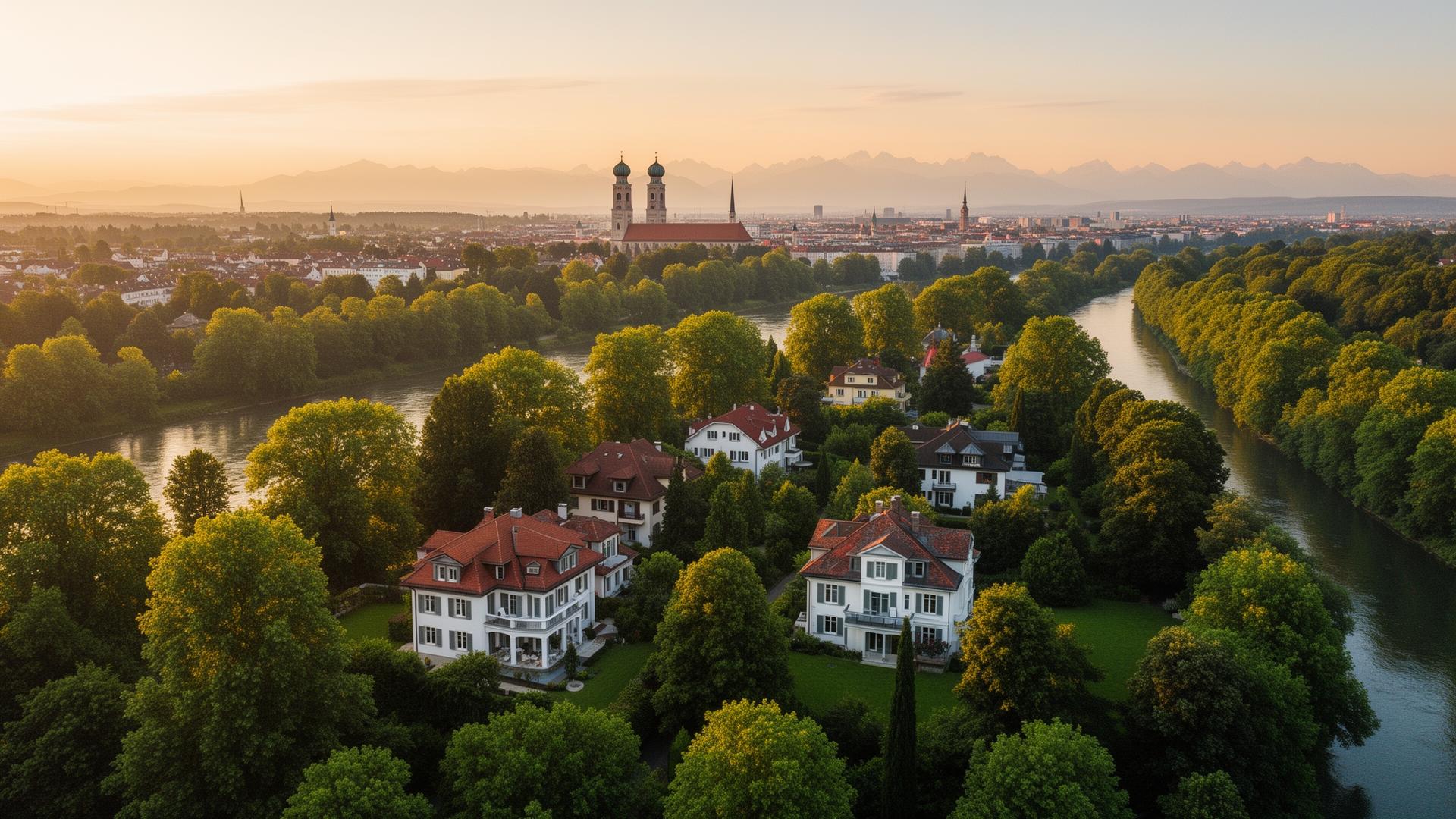 Luftaufnahme der gehobenen Wohngegend in Grünwald bei München