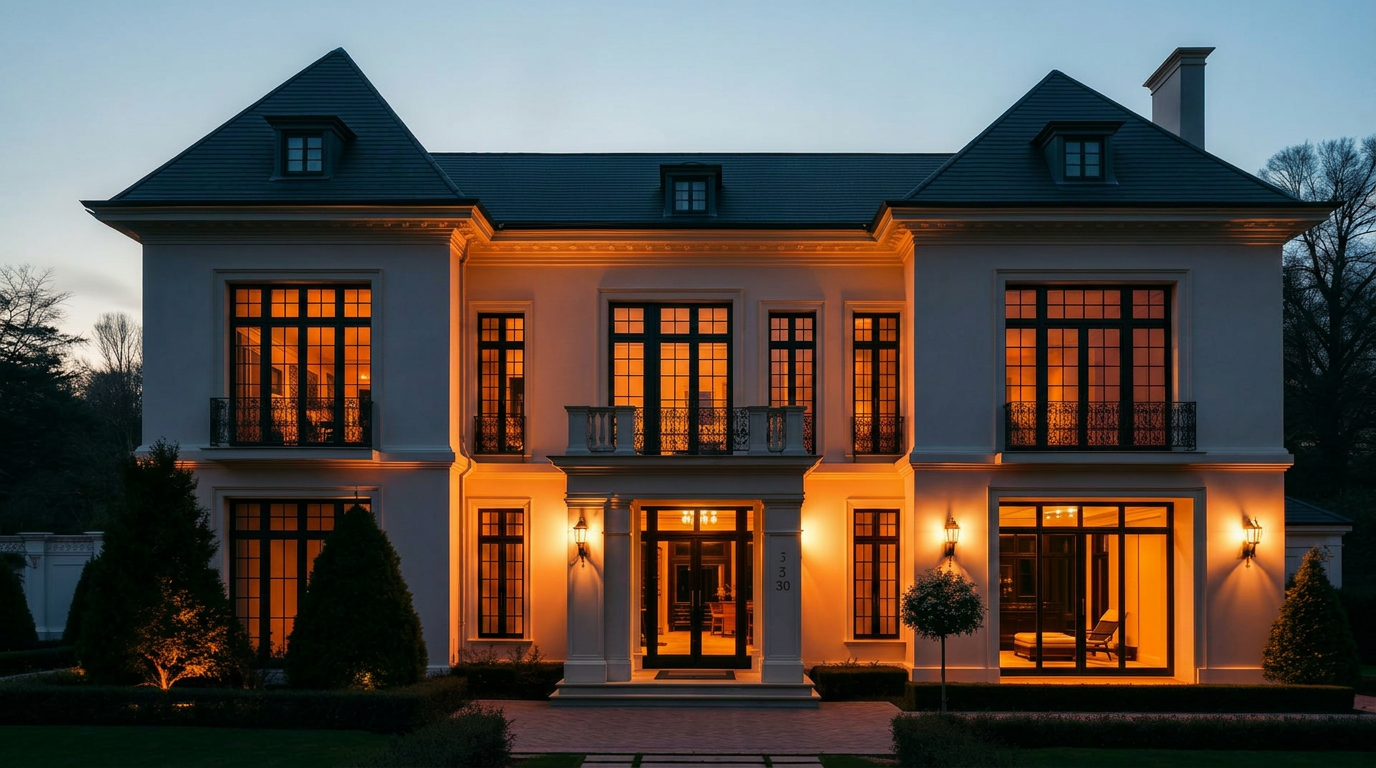 Klassische Villa in Grünwald bei München zur Abendstunde